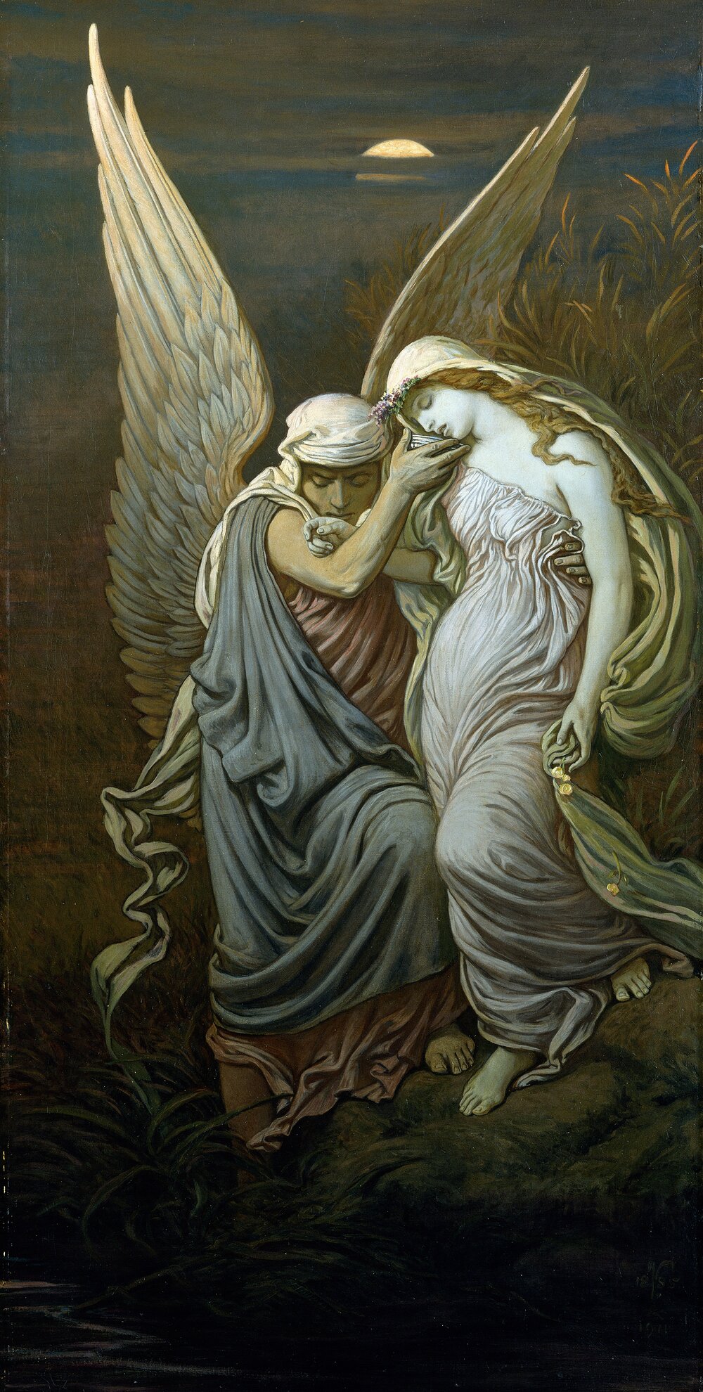 The Cup of Death by Elihu Vedder: a winged figure offering a cup to a fading woman, under a low moon.