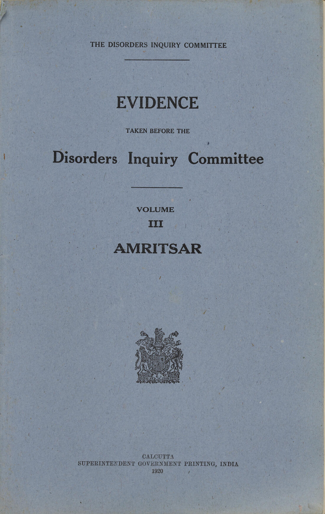Cover of the Evidence volume of the Disorders Inquiry Committee, 1920.