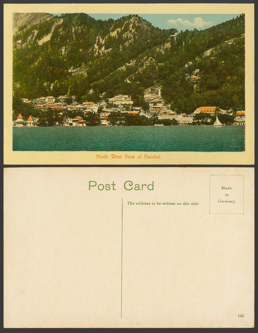 Hand-tinted postcard of Naini Tal lake.